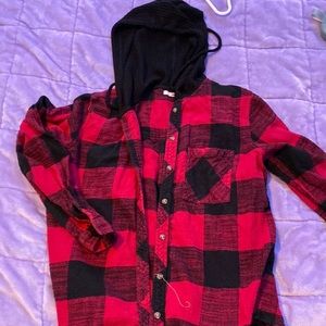 button up flannel with waffle knit hood